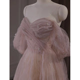 Pbong  Pink Evening Gown Women's New  Ele Fairylike Host Daily Wear ort Sve Korean Sle Pure Color Pearl Embellied
