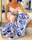 Pbong  Amazon Best Selling New Style Printing Tank Skirt Set Large Movement Dress 2-Piece Set Fashionable Independent Station