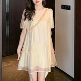 Pbong  Women's Beige Chiffon Mini Dress V-neck Puff Sleeve Ruffle Loose Fit Casual Party Dress