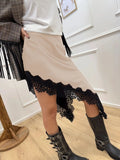Pbong  New Autumn Solid Lace Patchwork Skirt Women Elegant Waist Cinched Mid-length Bottom Lady Party Daily Street Skirts