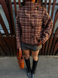 Pbong   Casual Plaid Stand Collar Jacket Women Loose Long Sleeve Single Breasted Pocket Female Jackets Autumn Winter Streetwear New