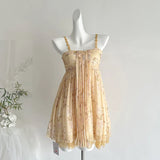 Pbong   Yellow Stretch Floral Sleeveless Dress for Women Summer Beach Sexy Spaghetti Strap Pleated Mini Dresses Vestidos Mujer New