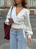 Pbong  New Autumn Winter Elegant Short Knitwear Women's Base Layer V-Neck Cross Strapless Street Style Fashion Pure Color