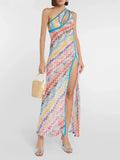 Pbong  Colorful Print Dresses for Women Diagonal Collar Spliced Hollow Out Sleeveless High Waist Split Dress Female Autumn