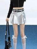 Pbong  Streetwear Sexy Y2K Pu Skirts Women Fashion High Waist Double Belt Mini Skirt Casual Fall Winter American A Line Skirts New