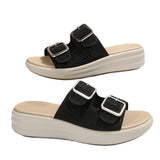 Pbong  New Fashion Women Rhinestone Thick Bottom Belt Buckle Slipper Female Casual Wedges Indoor Outside Wear Hollow Beach Slides