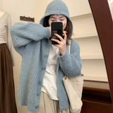 Hooded Cardigan Sweater for Women Morandi Pink Blue Button-Up Knitted Hoodie Jacket Autumn Winter Teen-girl Slouchy Knitwear