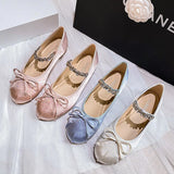 Pbong  Rhinestones Mary Janes Shoes for Women Ballet Flats Shiny Elegant Designer Shoes Ladies Satin Slip on Loafers Shoes New in