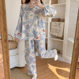 Pbong  Women Two-piece Set Pajamas Set Girls Chinese Style Printing Sleepwear Round Neck Long Sleeved Top Loungewear Casual Homewear