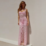 Halter Lace Draped Ruched Sexy Maxi Dress Women 2025 Summer Patchwork Backless Slit Slim Long Dress Female Vacation Beach Dress