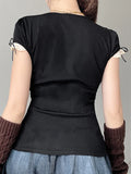 Sweet Y2K Contrast Lace Patchwork Square Collar Black T-Shirt Women Short Sleeve Basic Balletcore Cute Summer Tops
