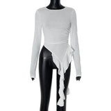 Euramerican High Street O Neck Long Sleeve Shirts Fashion Lrregular Ruffle Moda Punk Tops Y2k Aesthetic Harajuku Girl Clothes