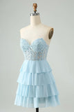 Pbong  Lace Tiered Chiffon Homecoming Dresses Strapless Corset Short Prom Dresses for Teens