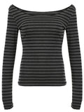 Japanese Basic Slim Long Sleeve Stripe Tee Off Shoulder O Neck Korean Street Style Spring Autumn Y2K Gray T Shirt Women