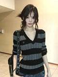 V Neck Vintage Striped Sweater Women Sexy Slim Long Sleeve Y2K Knitted Jumper American Retro Harajuku Letter Fall Pullover