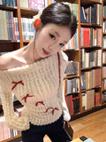 Sweet Bow Knitted Pullover Women Off Shoulder Sexy Long Sleeve Sweaters Korean Style Kawaii Autumn Winter Pullovers