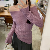 Off Shoulder Sweater Women Pullovers Long Sleeve Cable Knit Off-the-Shoulder Jumper Teen-girl Autumn Winter Y2K 90s Outfit