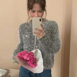Vintage Temperament Bead Sweater Women Autumn Winter Tops O Neck Knitting Cropped Cardigan Korean Fashion Suéteres