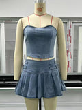 Sexy Denim Skirt Sets Women Strapless Crop Tops And Mini Skirt Ladies Fashion Club Party Pleated Skirt Two Piece Set