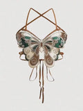 Women's Butterfly Embroidered Top Backless Adjustable Navel Baring Sexy Cropped TopSleeveless Camisole Sexy Daily Y2K Top