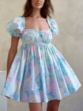 Pbong  Floral Casual Chic Mini Dress Puff Sleeve Blue Summer Backless Sexy Holiday Women Ladies Party Ruffles Dresses Vestido