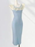 Peter Pan Collar Ruffle Knit Long Dress 2025 Blue Embroidery Patchwork Sweet Chic Tank's Dress Sleeveless Slim Summer Dresses