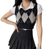 Vintage Plaid Sweater Vest Women V-neck Sleeveless Tank College Style Knitting Pullovers Tops for Daily