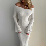 Knitted Slash Neck Long Sleeve Slim Long Dress For Women Autumn New Fashion Solid Flare Sleeve Casual Tight Female Dresses