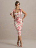 Floral Print Backless Sexy Maxi Dress For Women Gown Spaghetti Strap Square Collar Ruched Bodycon Club Party Dress