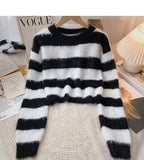 Fuzzy Knit Striped Sweater Pullovers for Women Soft Warm Long Sleeve Crew Neck Crop Knit Top Y2k Teen-girl Autumn Winter Outfit