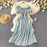 Pbong  Romantic Floral Print Long Dress  New Summer Off Shoulders Puff Sleeve Big Swing Women Dress Korean Party Vestidos