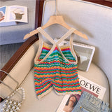 Bohemian Striped Knitted Camisole Vest For Women's summer Contrasting Spaghetti Strap Short Top Seaside Vacation T-shirt