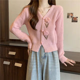Flower Applique Knit Cardigan Autumn Winter Women Cardigan Sweater Coats Long Sleeve Crop Knitted Jackets Cute Outfit