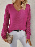 Long Sleeve Pointelle Knit Top Pullovers Women Sweater Openwork Long Sleeve V-neck Jumper Fall Winter Blusas Para Mujer Outfit