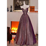 Pbong  Elegant Purple Asymmetrical Hem Long Evening Gown Women's Style Korean Version Bead Embellished Floor Length for Adult Ceremo...