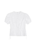 Women French Gentle Style Fungus Edges O-neck Puff Short-sleeved Shirts Summer Lace-up Bow Waist Slimming Single Breasted Blouse