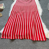 Chic Fashion Vintage Spaghetti Straps Stripes Patchwork Knitted Dress Spring Summer Women Casual Long Sweater Dress