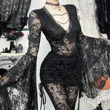 Autumn New Halloween& Party Dark Wind Temperament Lace V-Neck Bead Chain Top Women