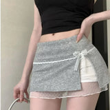 Pbong  A-Line Mini Skirt Women's Clothing Lace Patchwork Jupe Fashion Summer Saia Split Sweet Bow Y2k Skirts
