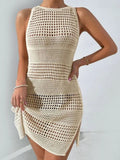 Hollow Out Side Slit Bikini Crochet Retro Cover Up Women Solid Beach Skirt Swim Dress Bathing Suit