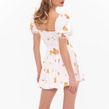 Pbong  Hit Color Printing Slimming Mini Dresses for Women Square Neck Short Leeve High Waist Temperament Dress Female