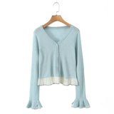 Patchwork Knitting Spring Summer Cardigan Top Women's V-neck Button Solid Casual Thin Jacket Flare Sleeve Ruffle All-match Coat