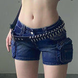 Pbong  Motorcycle Style 3D Pockets Ultrashort Jeans Women Sexy Low-Waisted Tight Denim Shorts Woman Streetwear Trendy Y2K Jean Shorts