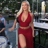 Women V neck Vest Skirts Set Slim Sexy Halter Tanks Top  Mesh Splice Slit Long Skirt Solid Casual Two Piece Set Female