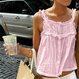 Women Y2k Lace Ruffle Trim Tank Top Fairycore Sexy Sheer Button Front Scoop Neck Camisole Cute Going Out Crop Tops Boho Vest