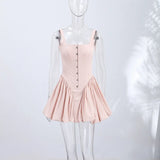 Pbong   Summer Autumn Sexy Solid Tiered Dress Women Party Sling Pleated Single Breasted Female Dresses Holidays Lady Robe New