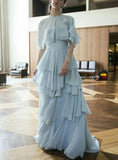 Light Blue A Line Prom Dresses Ruffles Tiered Women Customized Evening dresses Arabic Party Special Occasion Dress