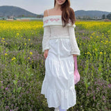 Women's Y2K Cute Off Shoulder Sweaters Chest Folding Slash Neck Flare Long Sleeve Slim Fit Knitted See-through Tops