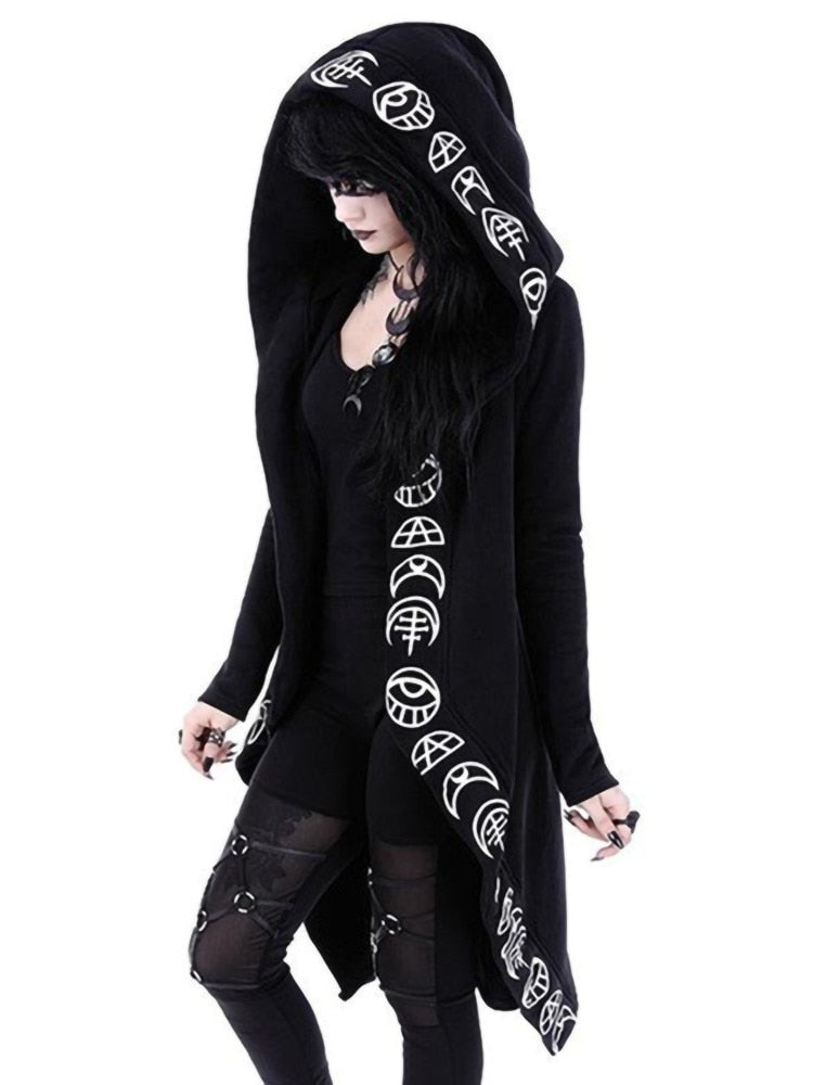 Gothic Punk Black Long Women Hoodies Sweatshirts Halloween Moon Print Long Sleeve Hoodie Women Loose Coat Hooded Sweatshirt