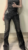 Vintage Distressed Low Waist Jeans Grunge Asymmetrical Waist Denim Pant Korean Fashion Black Flare Jeans Kpop Streetwear